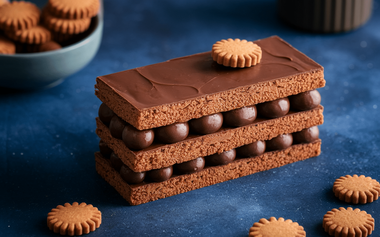Tranche marquise au chocolat avec biscuit en gros plan