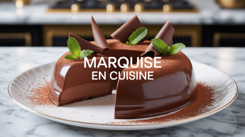 Marquise en cuisine, dessert chocolat tranché sur assiette