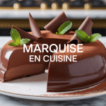 Marquise en cuisine, dessert chocolat tranché sur assiette