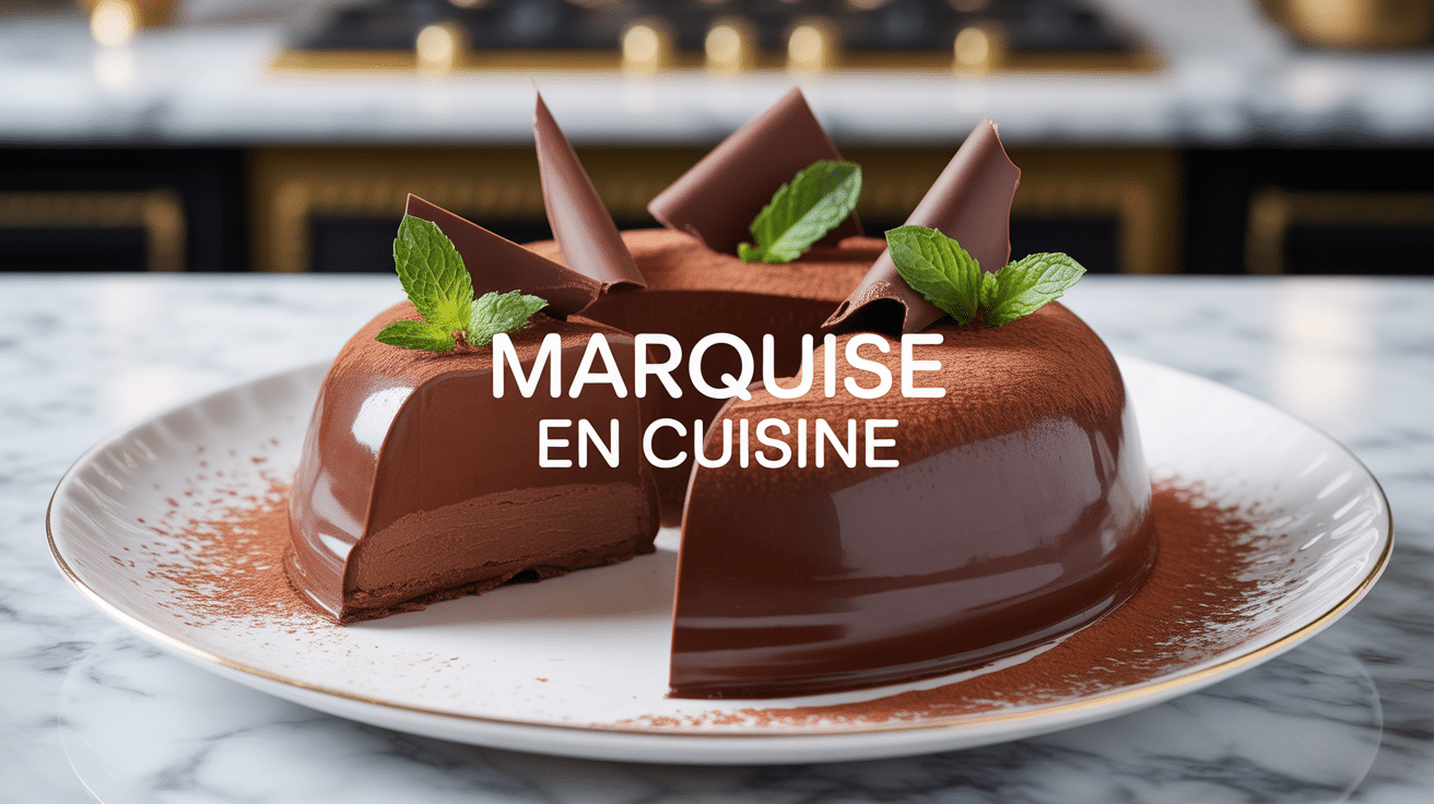 Marquise en cuisine, dessert chocolat tranché sur assiette