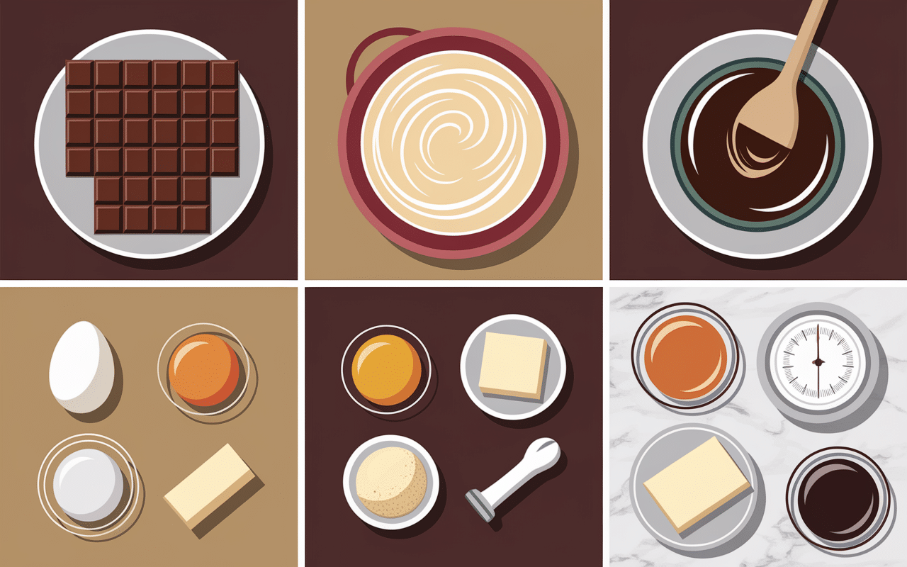 Préparation marquise en cuisine, chocolat et ingrédients sur plan de travail