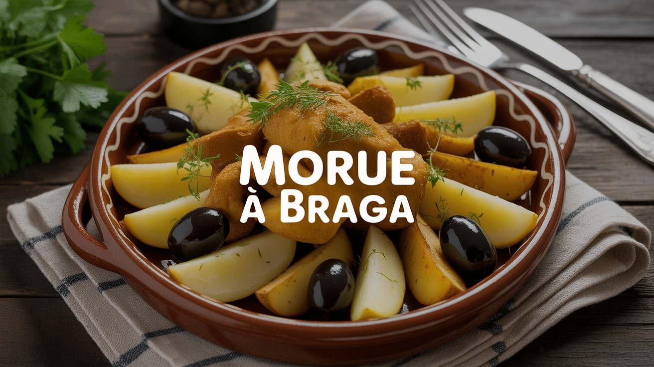 morue a braga avec pommes de terre olives sur table
