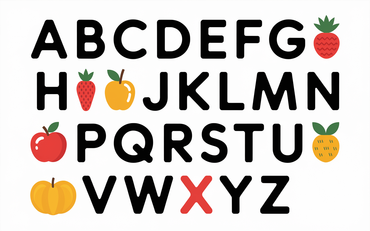 Alphabet coloré, X barré sans fruit, fruit en x