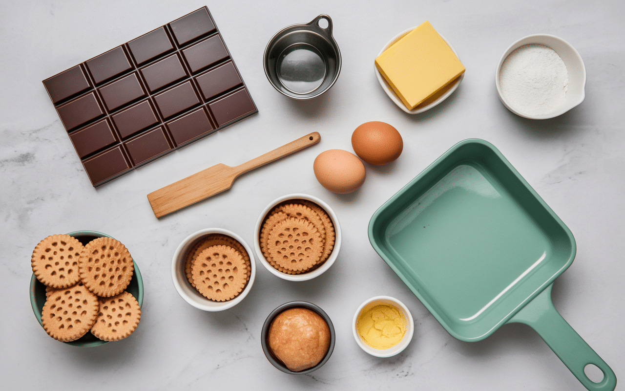 Ingrédients marquise au chocolat avec biscuit sur table