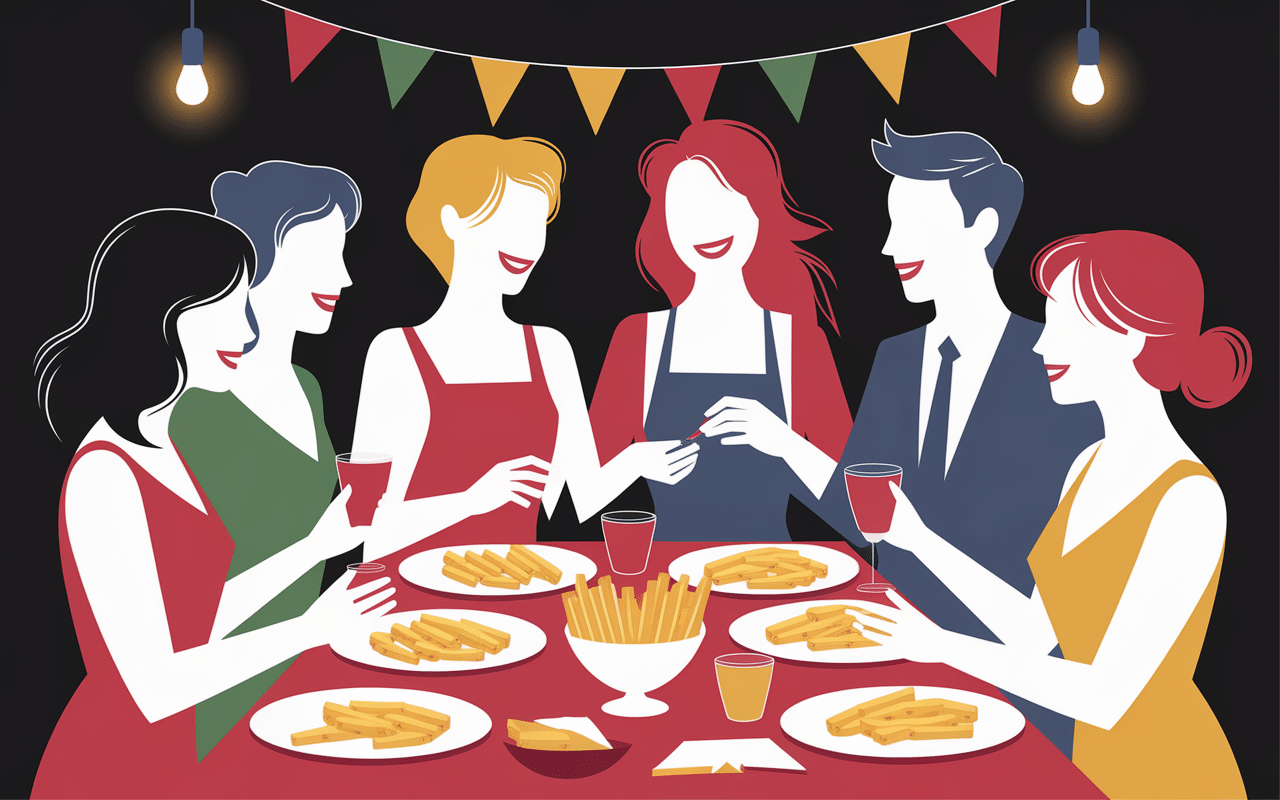 partage de sauce raclette pour frite lors d'une table festive