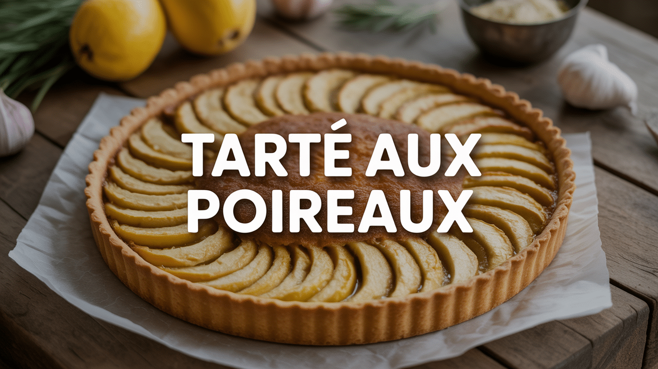 Tarte poireaux dorée sur table avec ingrédients