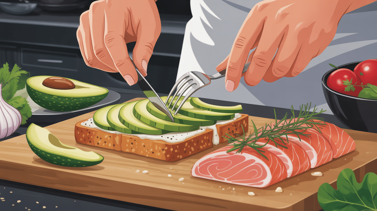 Préparation avocado toast saumon en étapes