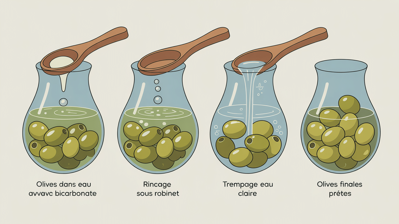 préparation olives vertes bicarbonate de soude étapes visuelles