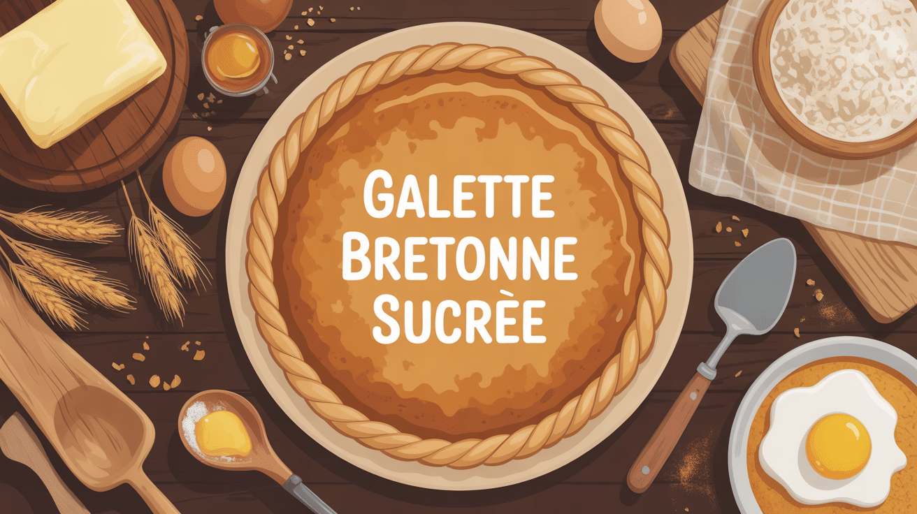 galette bretonne sucrée sur table bois avec beurre et ingrédients