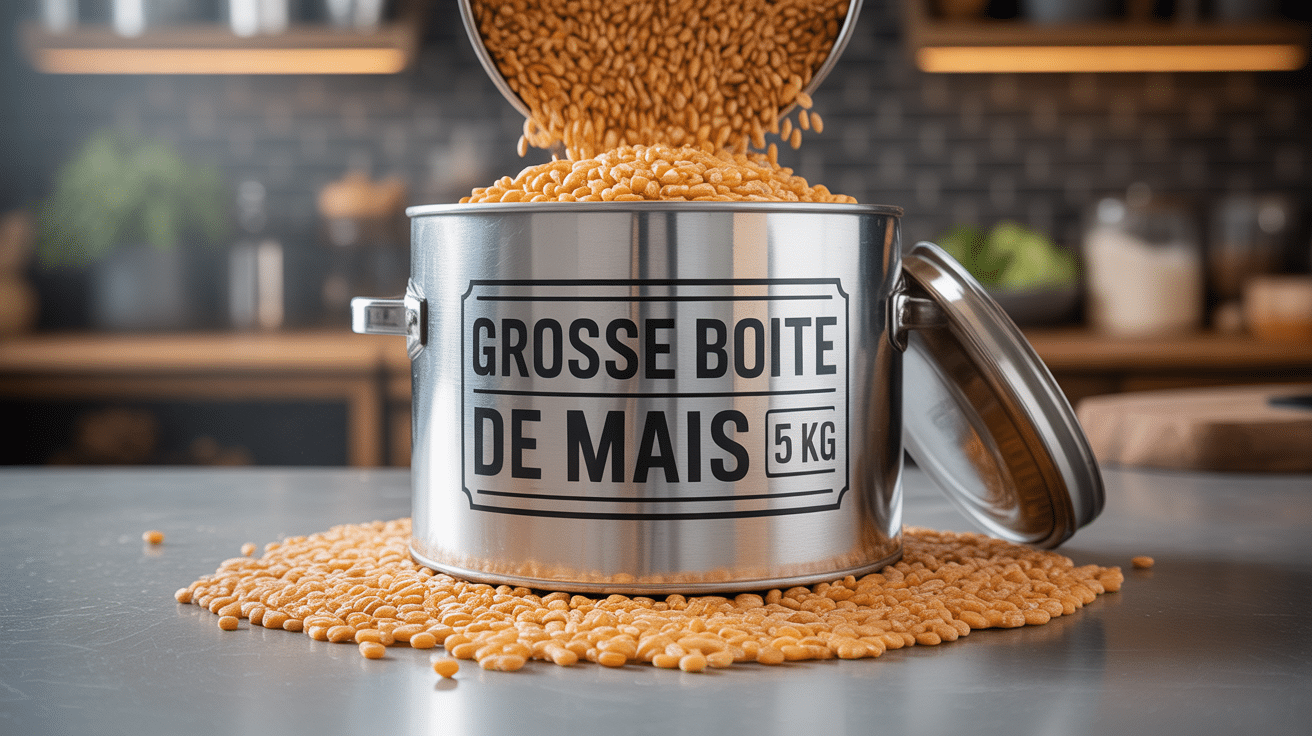grosse boîte de maïs 5 kg ouverte sur plan de travail lumineux