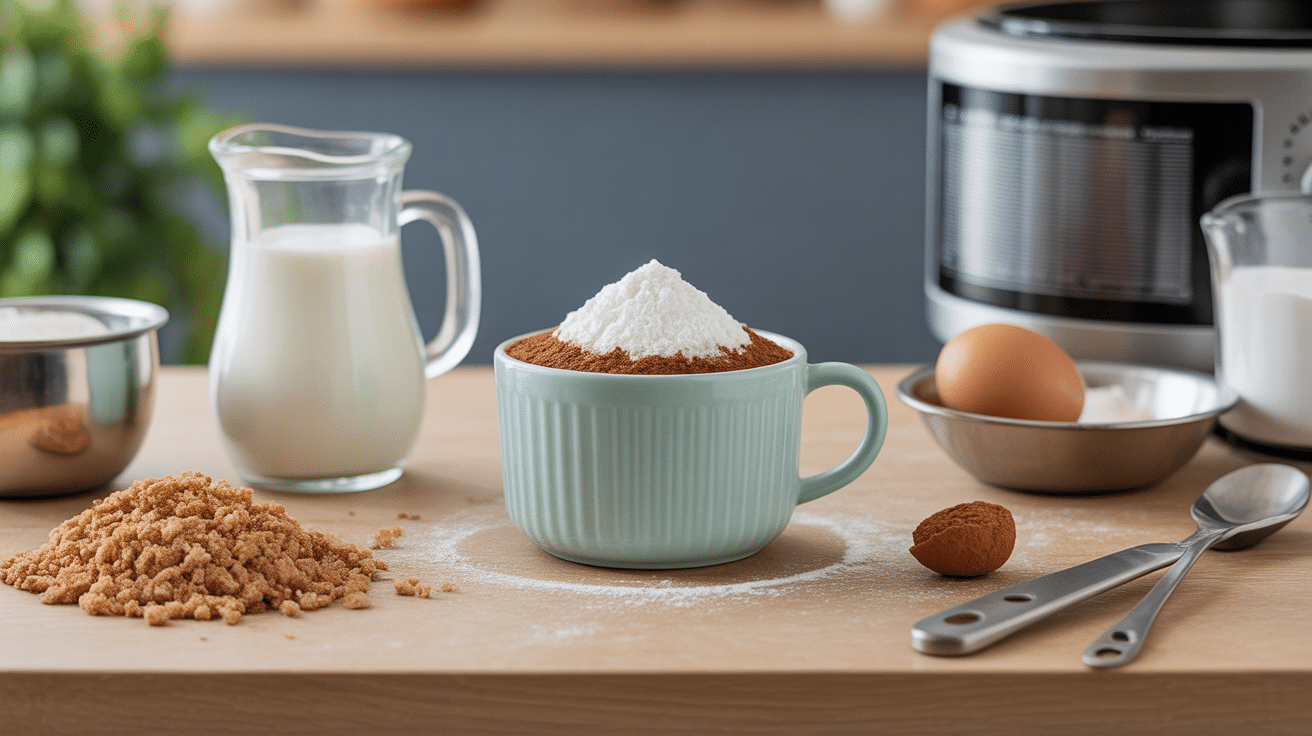 Ingredients pour mug cake beurre de cacahuete prets micro-ondes