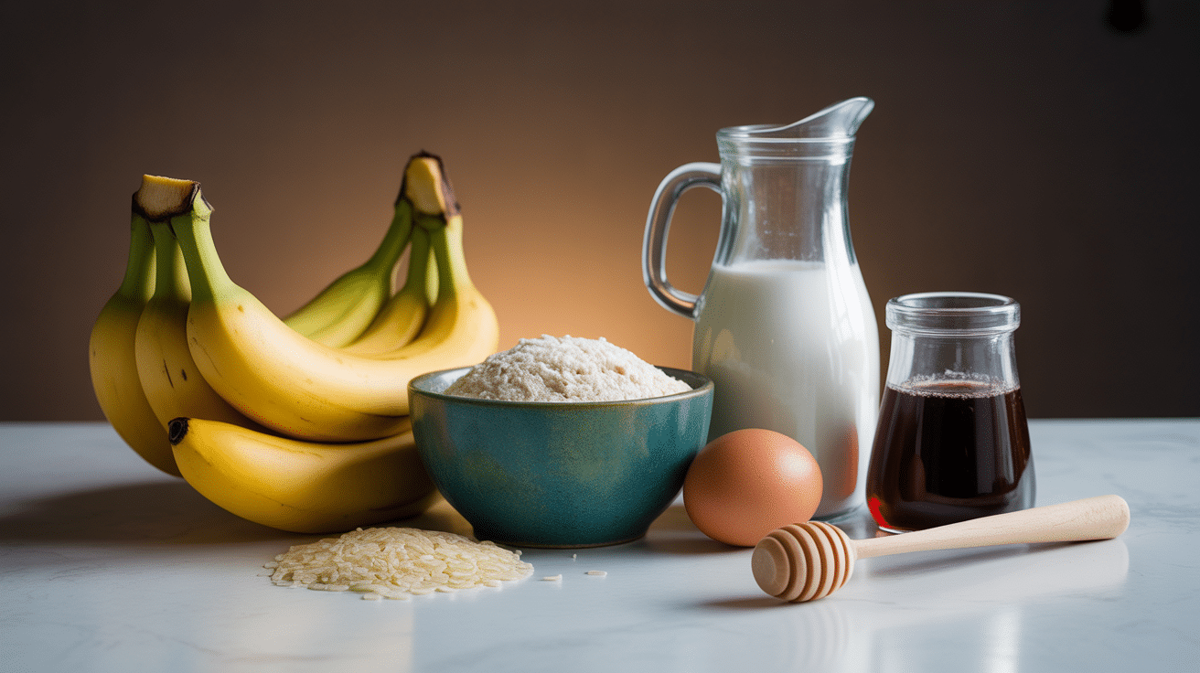 Ingrédients mug cake banane healthy sur fond blanc