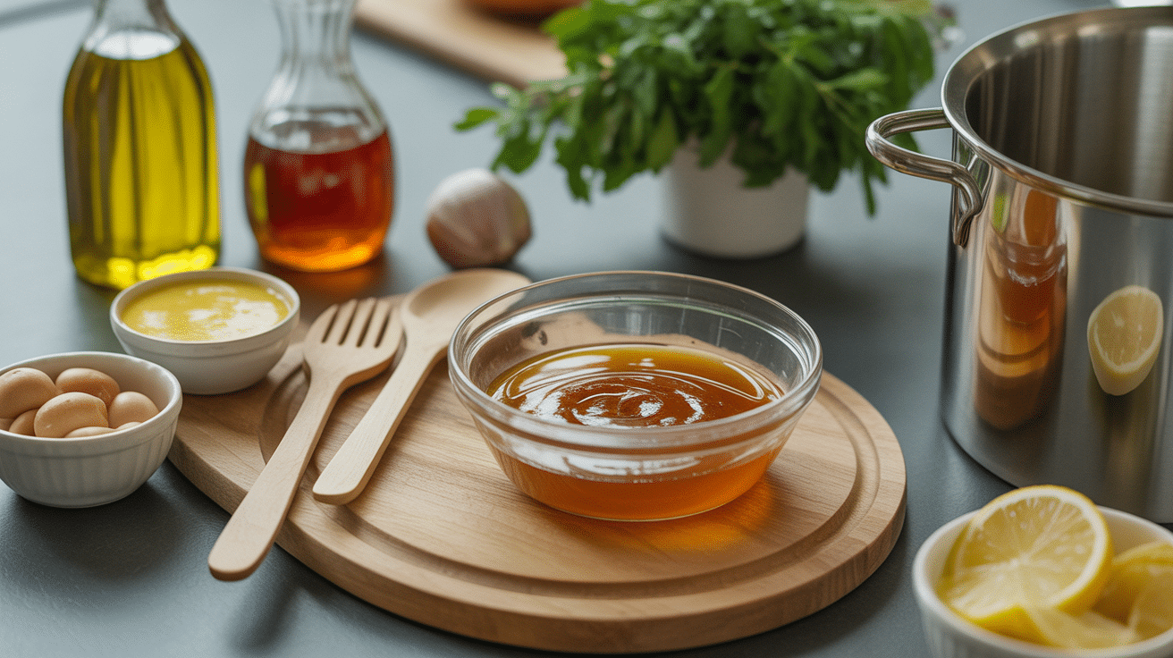 ingredients pour sauce au miel pour salade sur une table