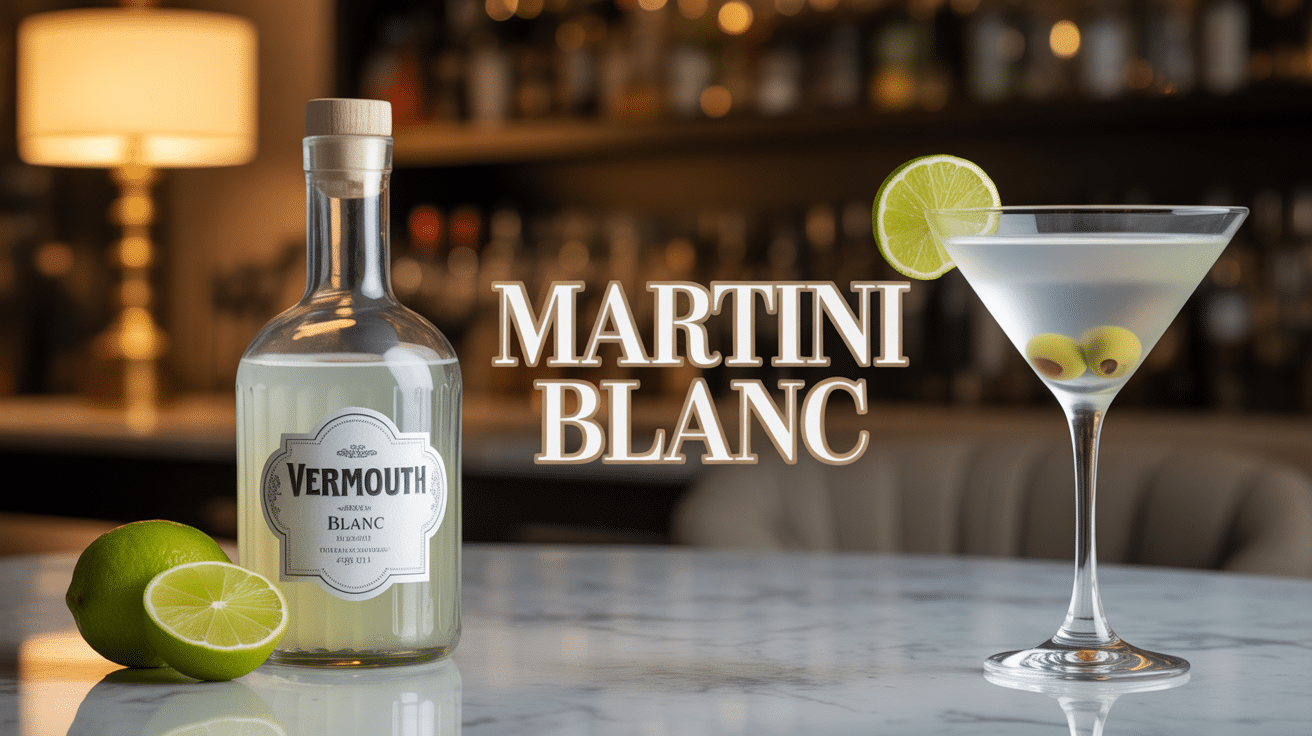 Bouteille martini blanc élégante sur table, zeste citron, olives