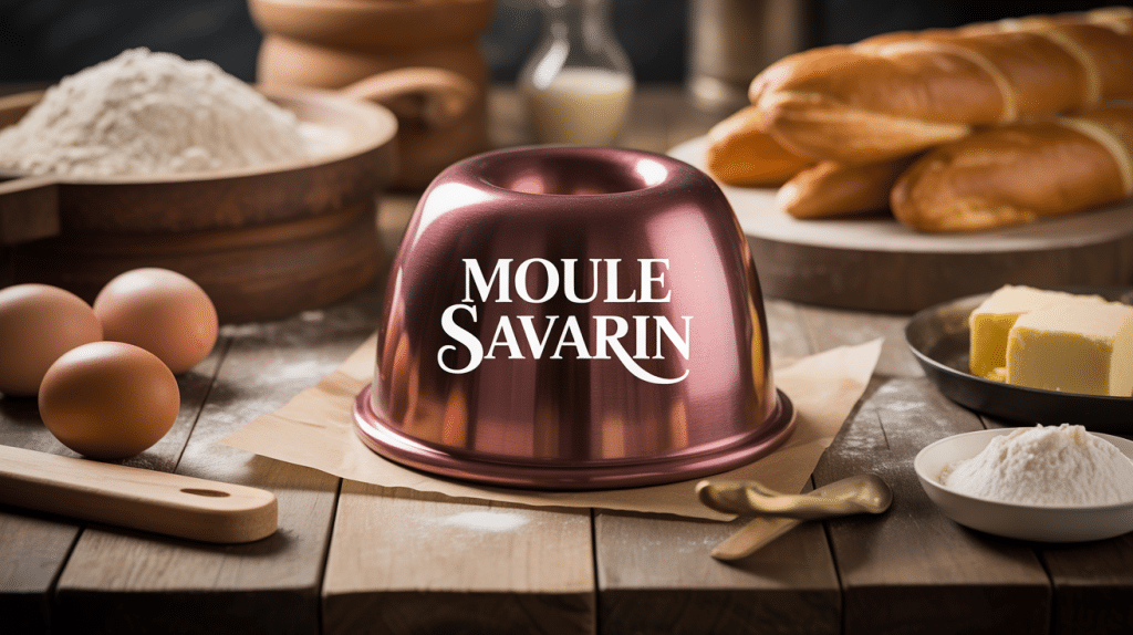 Moule savarin doré en métal entouré d'ingrédients pâtisserie