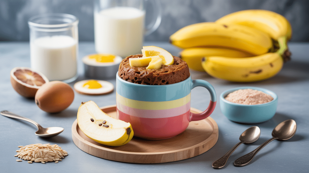 Mug cake banane healthy doré dans tasse colorée avec ingrédients sains