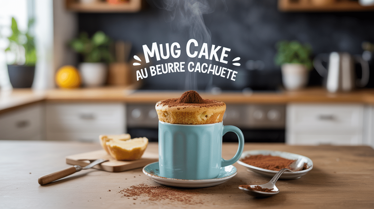 Mug cake beurre de cacahuete moelleux dans une tasse vapeur cuisine
