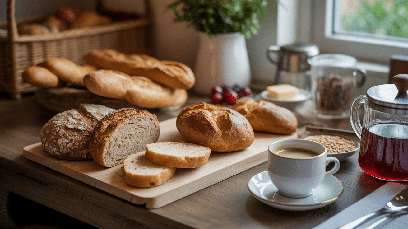 Varietes pain petit dej artisanal sur table dejeuner