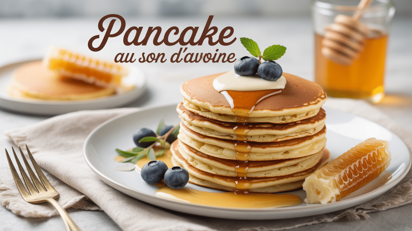 Pancake au son d avoine doré avec myrtilles et miel sur assiette