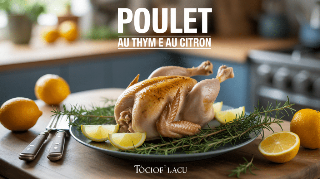 Poulet au thym et au citron doré entouré de thym et citron