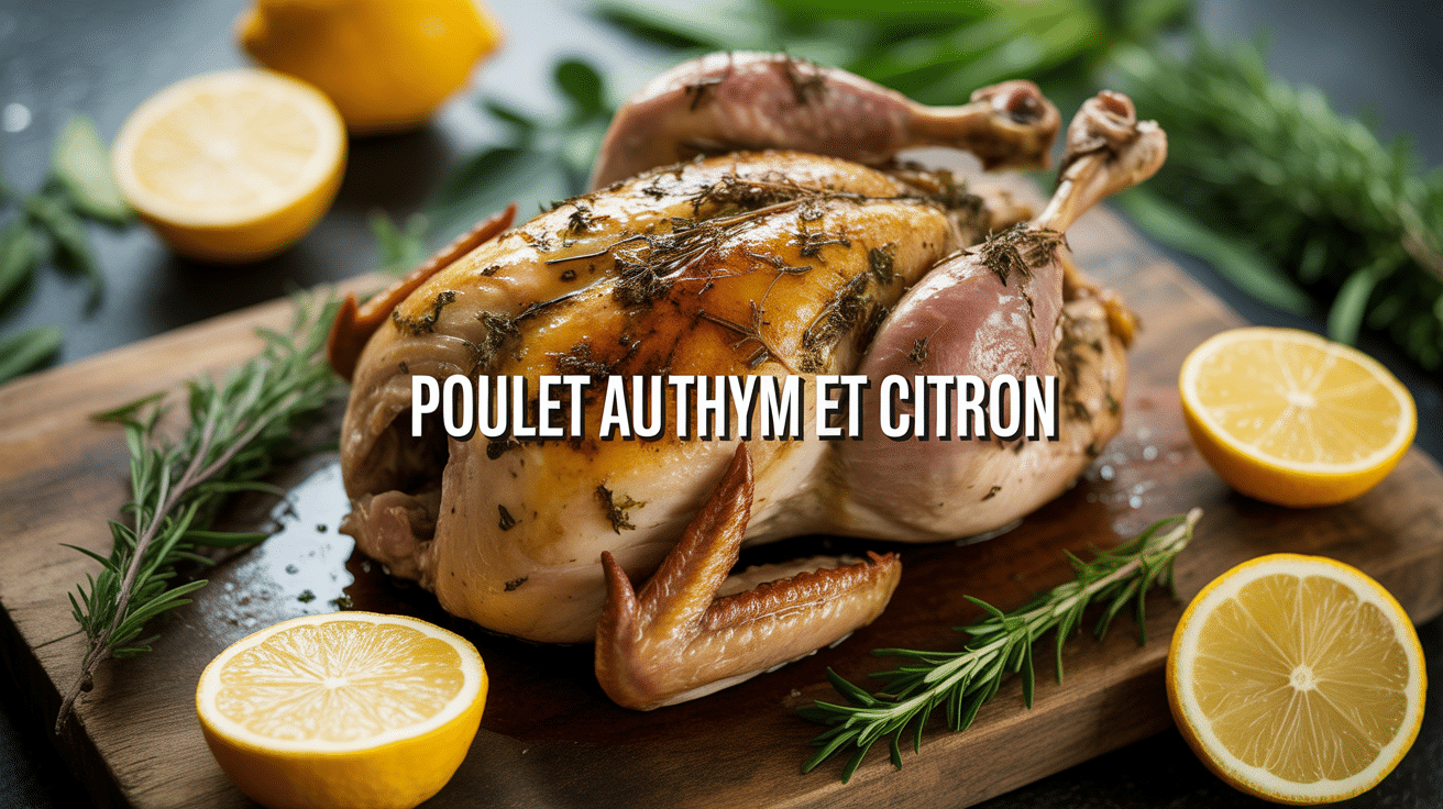 poulet au thym et citron rôti sur planche avec citrons et herbes