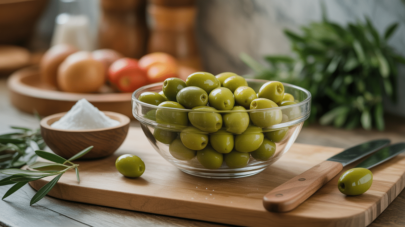 préparation olives vertes bicarbonate de soude saladier ustensiles