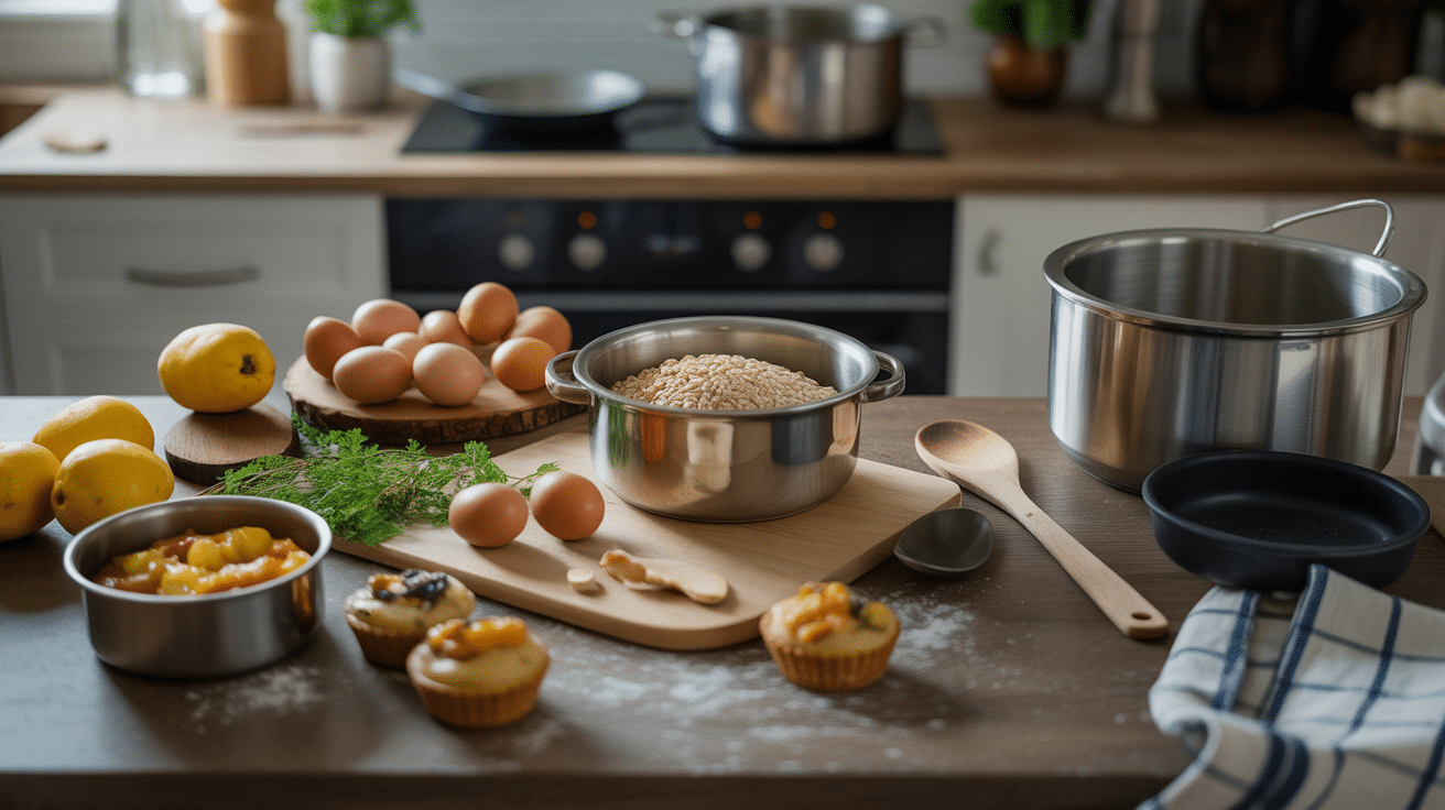 Ingredients pour muffins a la compote de pommes sur table