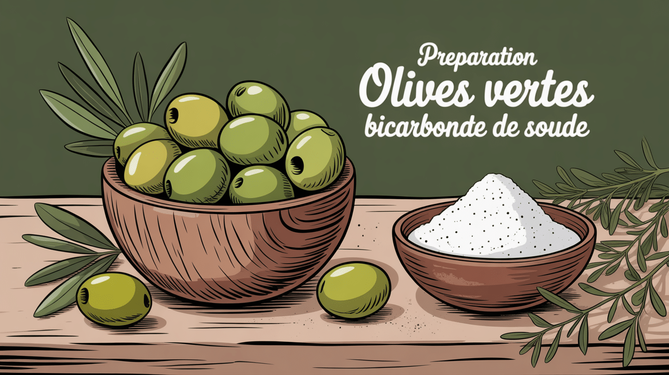 préparation olives vertes bicarbonate de soude en bol avec herbes