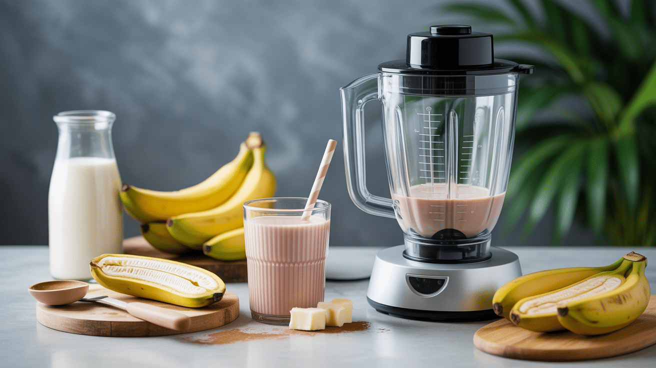Ingrédients et mixeur pour smoothie banane beurre de cacahuete maison