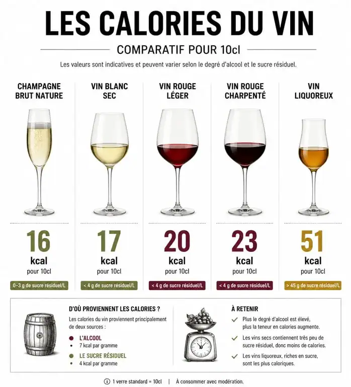Infographie comparative des calories par type de vin pour choisir le vin le moins calorique