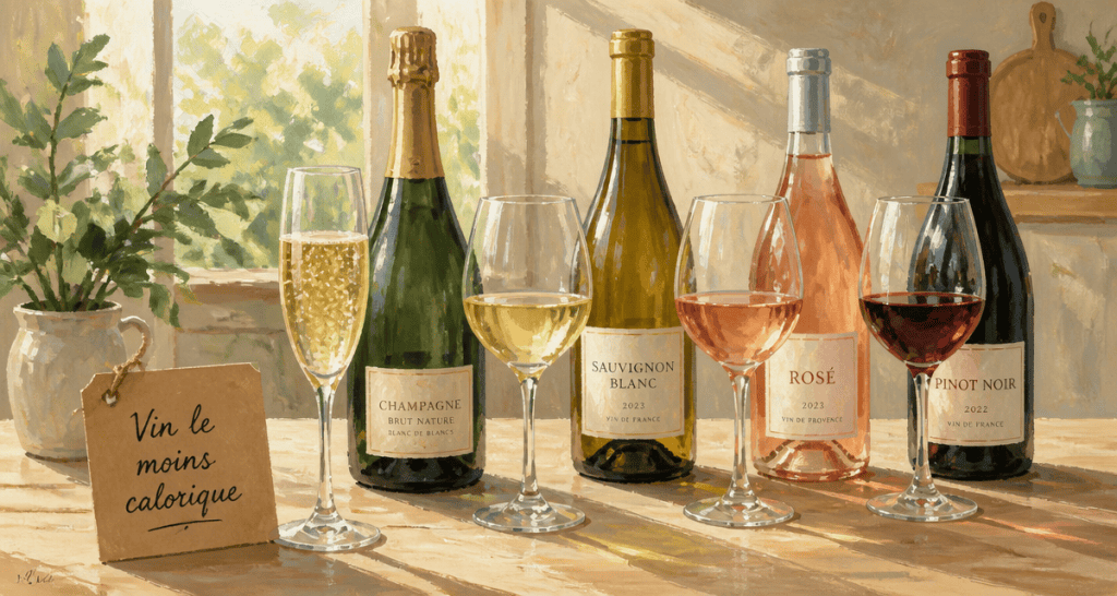 vin le moins calorique verres bouteilles alignés