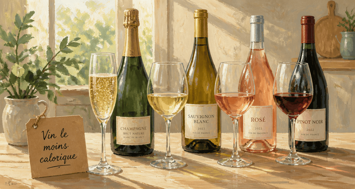 vin le moins calorique verres bouteilles alignés