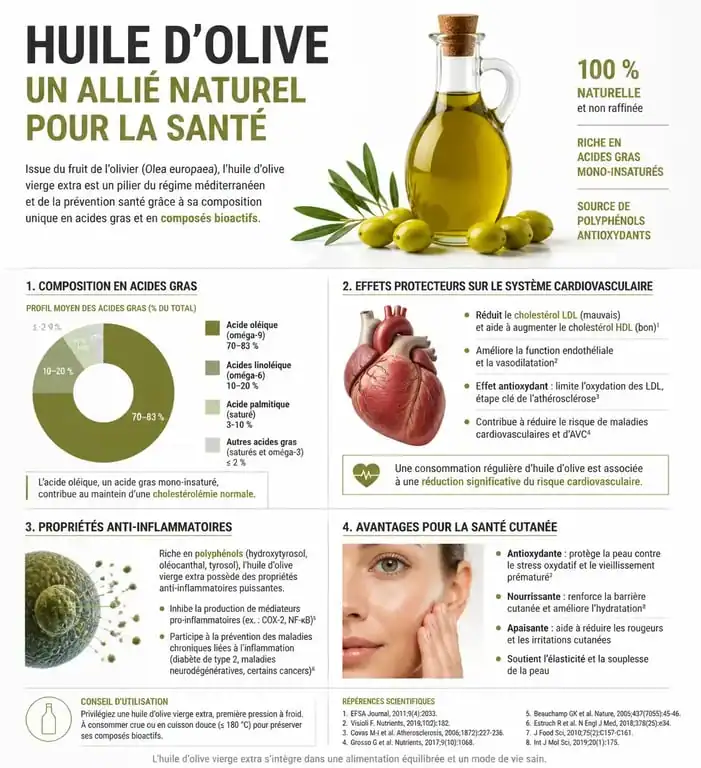 Infographie résumant les bienfaits de l'huile d'olive pour la santé et la peau