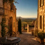 Ruelle en pente du Castellet, beaux villages autour de la Ciotat, à l’heure dorée