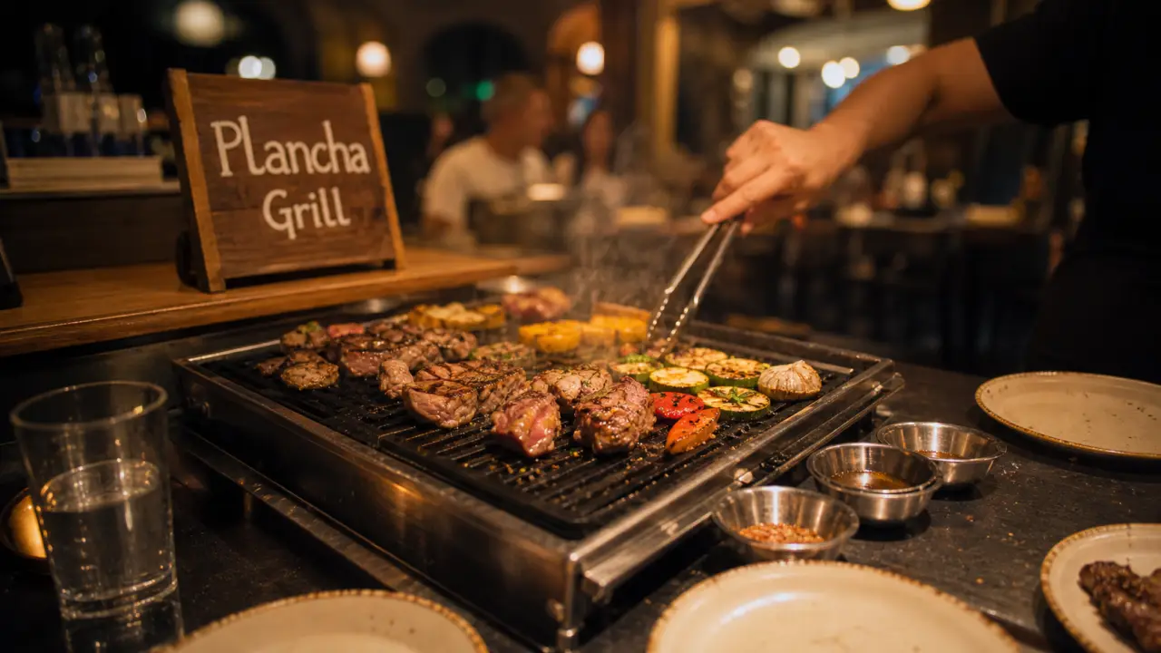 Plancha grill gonfreville : viandes et légumes sur plancha, salle décontractée