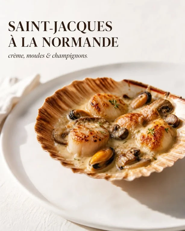 Saint jacques a la normande gratinées en coquille avec sauce crémeuse et champignons
