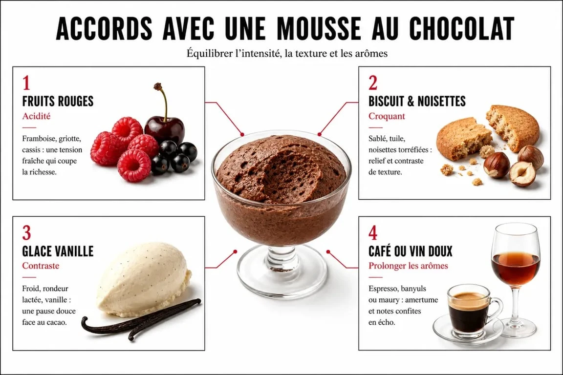 Accompagner une mousse au chocolat avec des fruits rouges, du croquant et des boissons adaptées