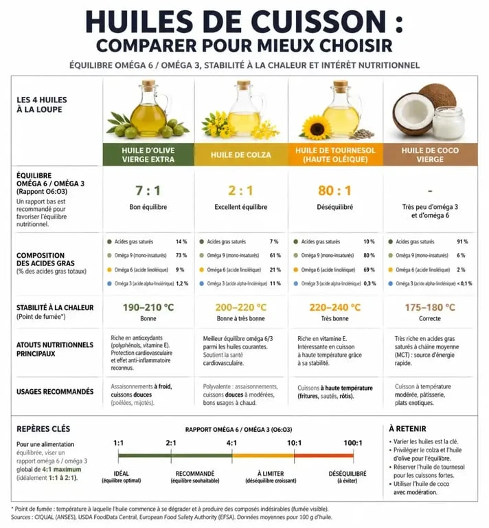 Quelle huile pour la cuisson : comparaison nutritionnelle des oméga 6, oméga 3 et graisses saturées