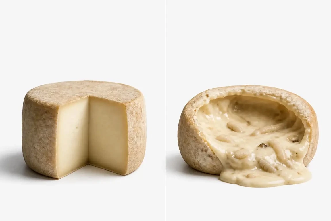 Fromages corses avec vers : comparaison visuelle entre un fromage corse classique et le casgiu merzu
