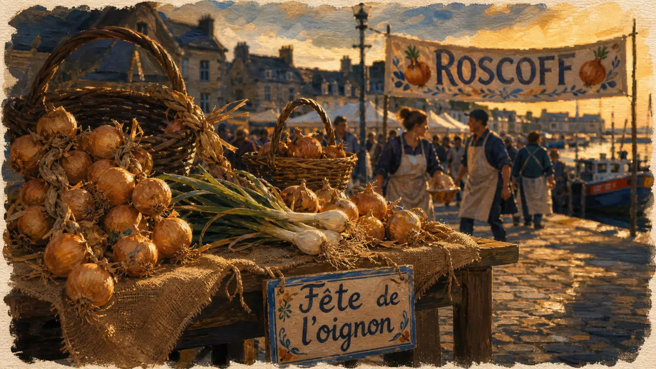 Fete de l oignon à Roscoff : tresses d’oignons sur les quais