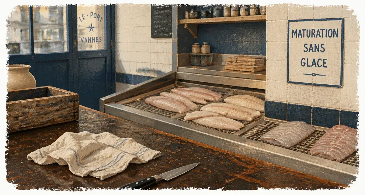 Poissonnerie du port Vannes : poisson maturé, vitrine sans glace