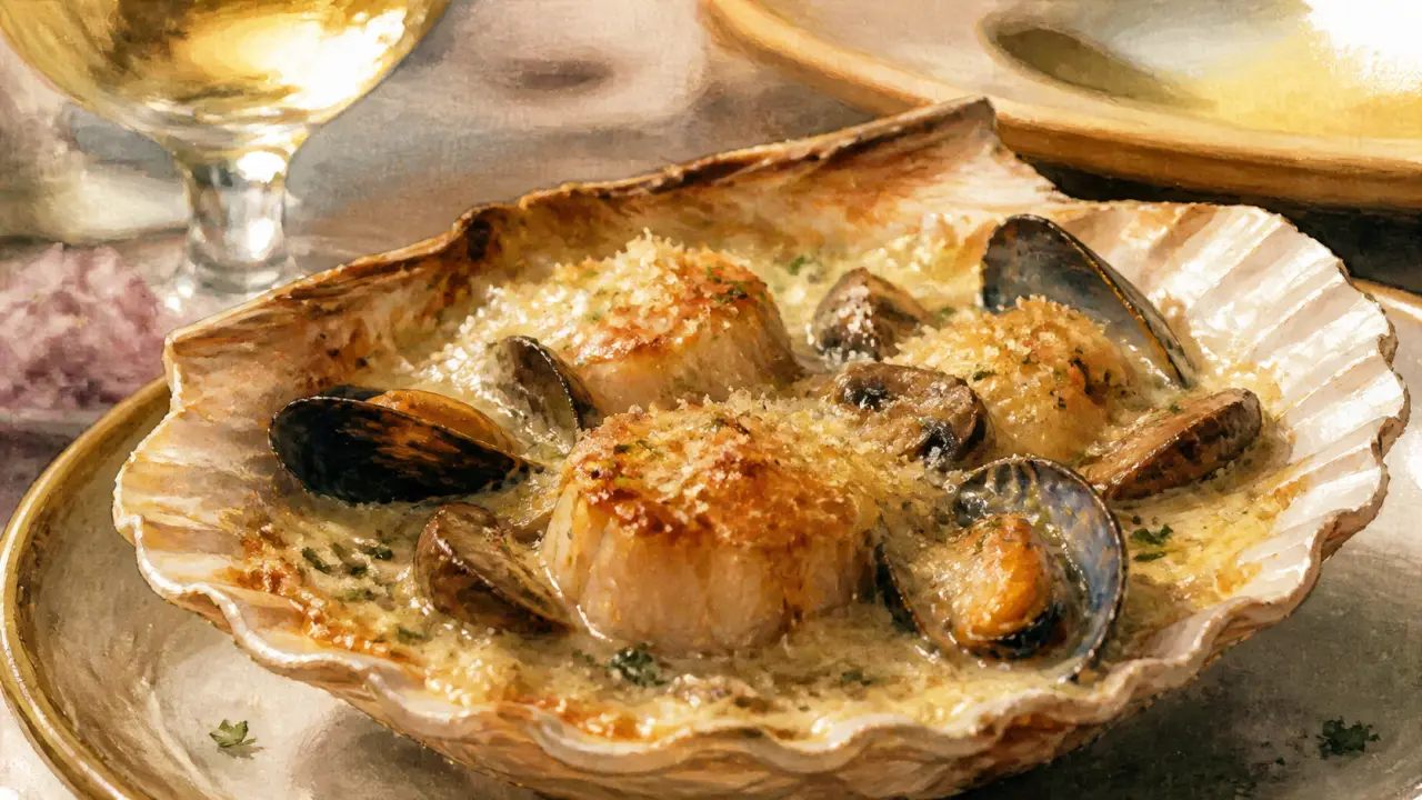 Saint jacques a la normande, cassolette crèmeuse au cidre et gratin léger