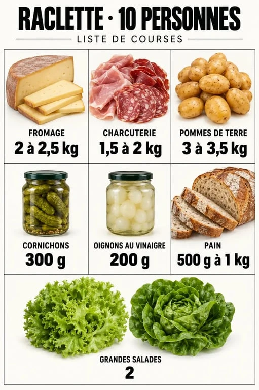 Liste courses raclette 10 personnes avec les quantités de fromage, charcuterie, pommes de terre et accompagnements
