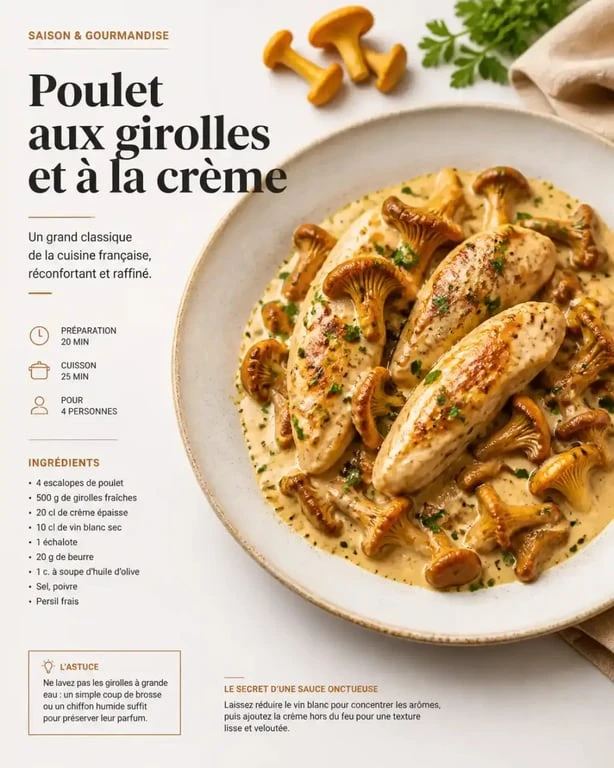 Poulet aux girolles et crème vin blanc dressé dans une assiette