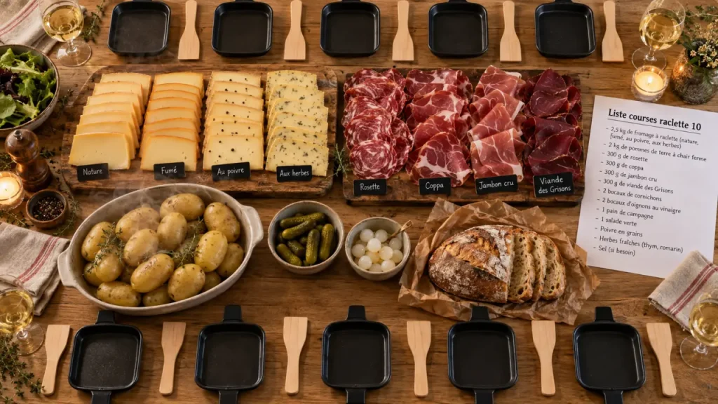 Liste de courses raclette 10 personnes : les quantités qui évitent la panne de fromage