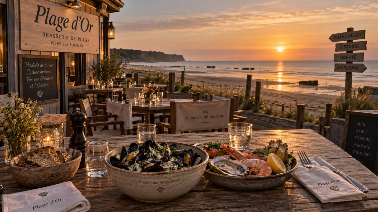 Plage d'or bar brasserie : table de fruits de mer face à Omaha Beach