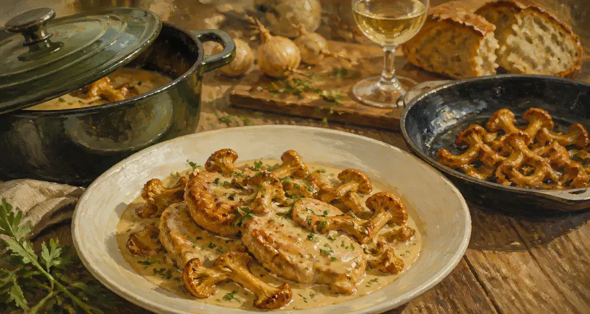 Poulet girolles crème vin blanc, sauce onctueuse à la crème
