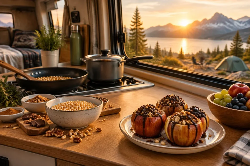 Desserts en camping-car : popcorns en 10 minutes, pommes farcies en 55, sans four