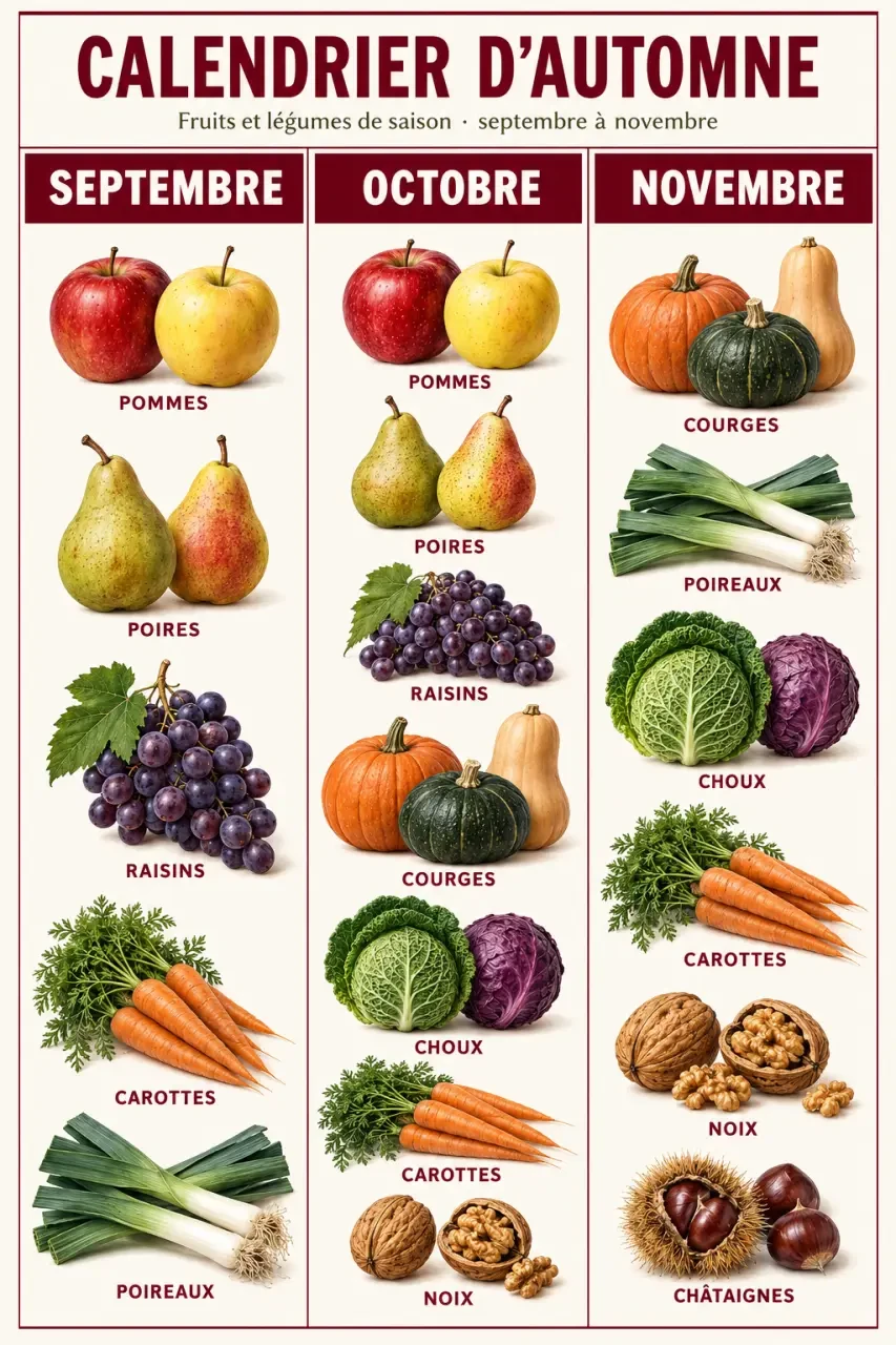 Calendrier visuel des fruits et légumes d'automne de septembre à novembre